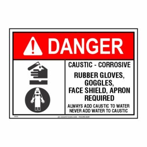 DANGER CAUSTIC CORROSIVE RUBBER GLOVES, GOGGLES, FACE SHIELD... W/ PICTO